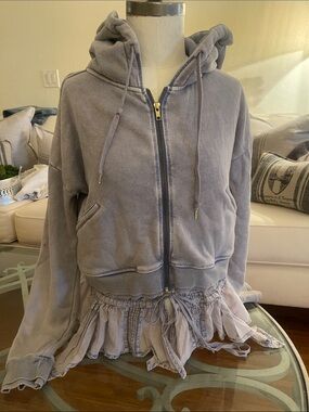 Free People Lavender/Pale Purple Hooded Zip Jacket with Ruffle Hem